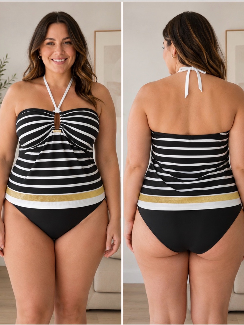 Lauren by Ralph Plus Size Black & White Striped Tankini with Gold Accent size 14